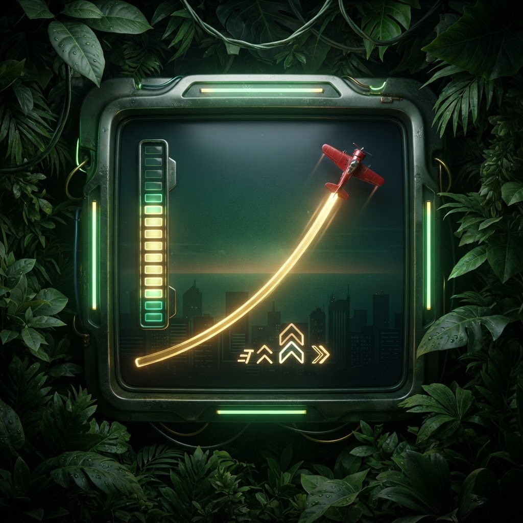 Red plane climbing through a stormy green sky with a rising multiplier – Aviator at Fair Go Casino