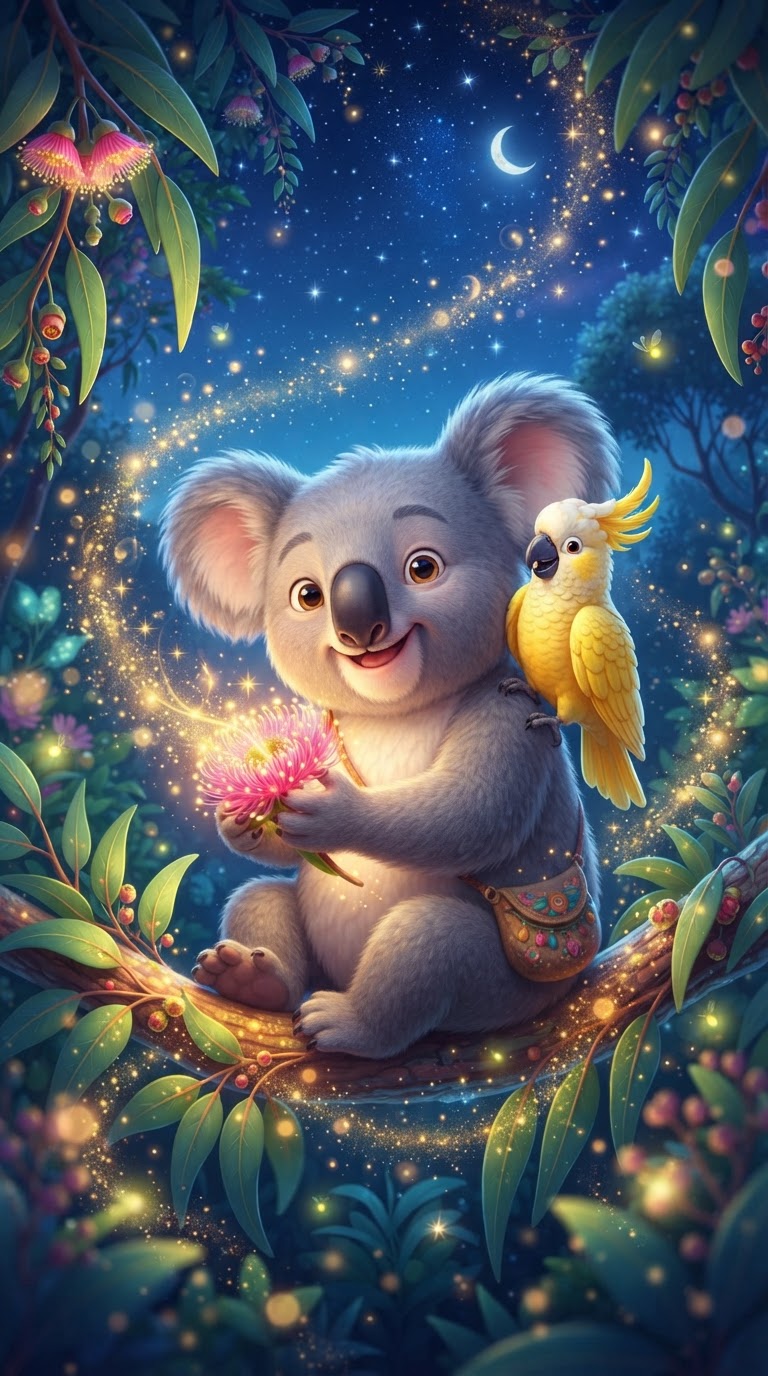 Kev's Bush Bonanza pokie – koala with glowing gum blossom