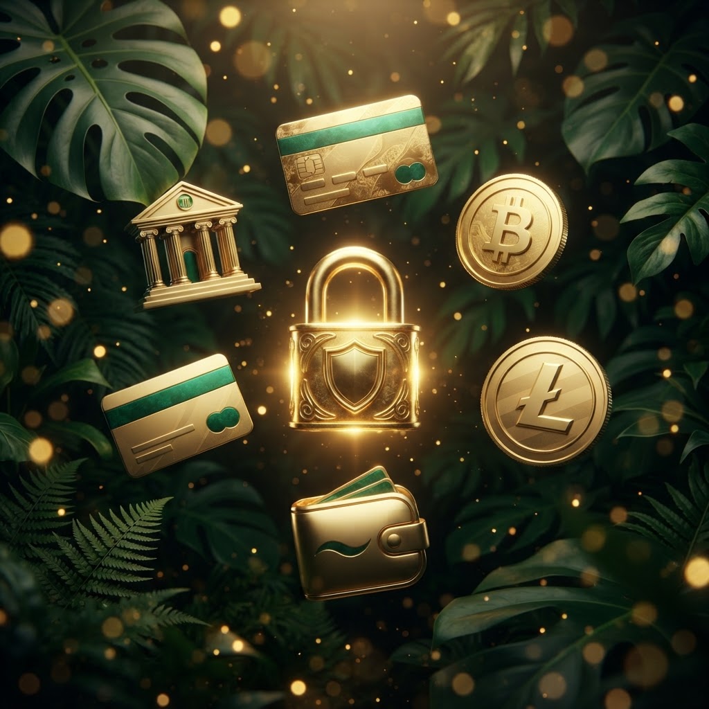 Gold credit card, bitcoin, litecoin, wallet and padlock icons – Fair Go Casino payment methods